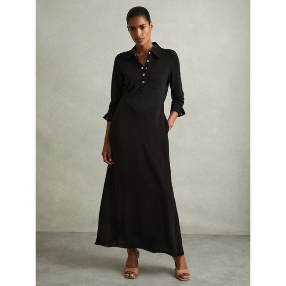 Reiss Dresses & Skirts - Reiss Rosina Black Jersey‎ Maxi Polo Dress Womens 10 Long Sleeve New NWT